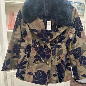 Banana Republic Women's Floral Camouflage Pea Coat with Faux Fur Collar